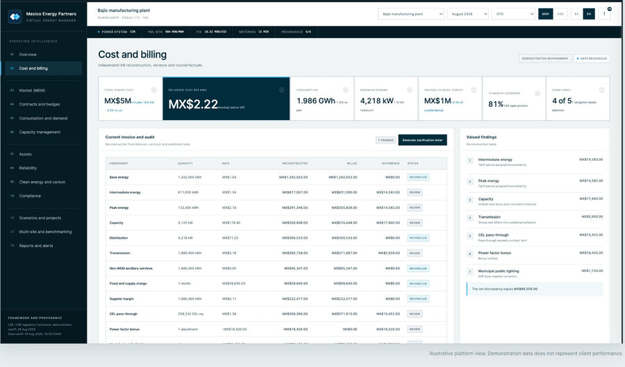 MEP Virtual Energy Manager cost and billing module: invoice reconstruction against meter intervals and valued findings (demonstration data)