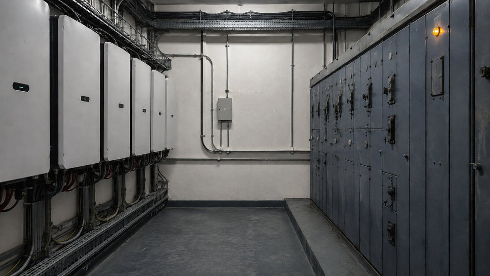 An electrical room with a row of new string inverters mounted on one wall facing a visibly older painted switchboard