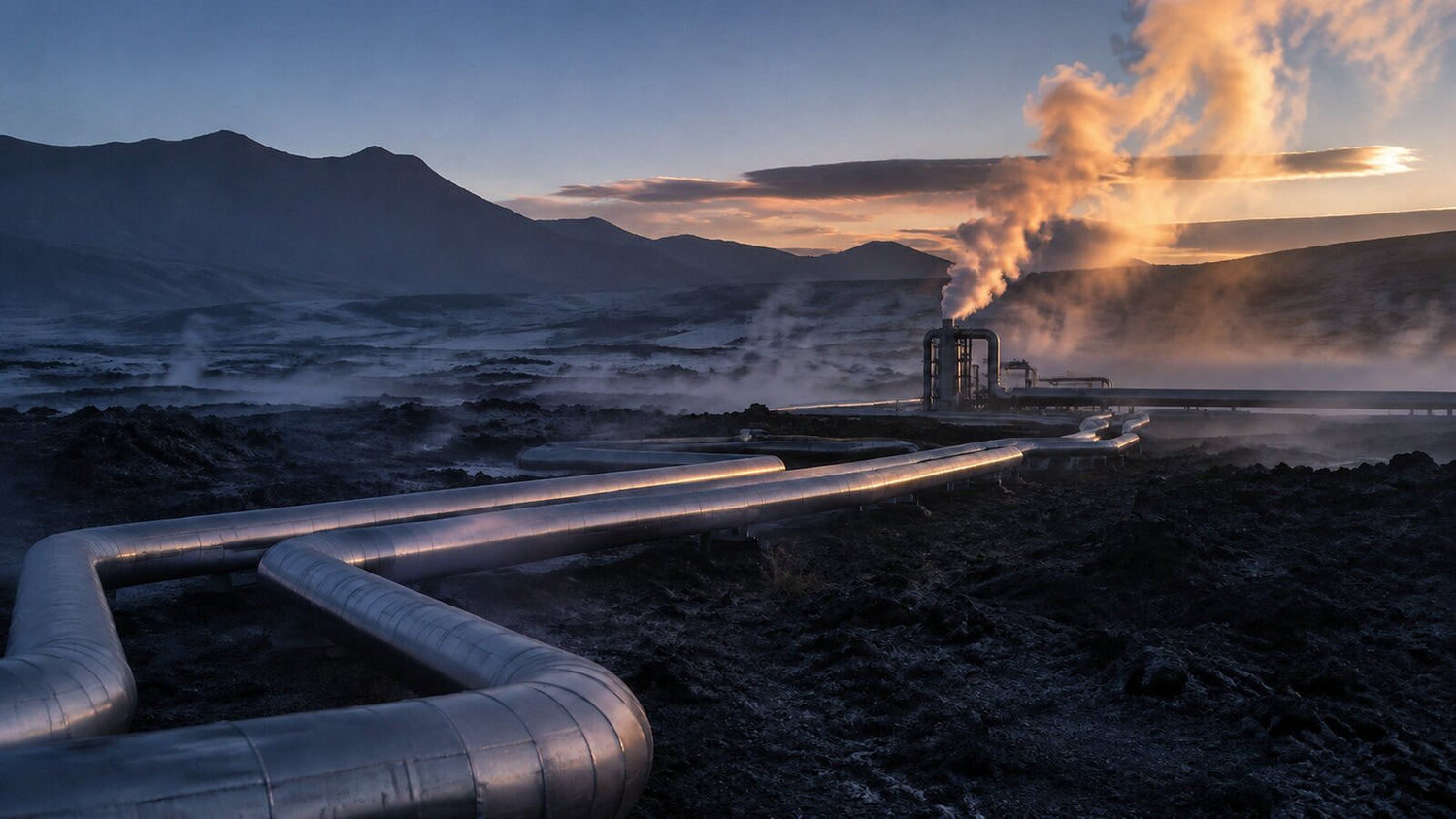 Steam rising from geothermal wells and pipework at a power plant