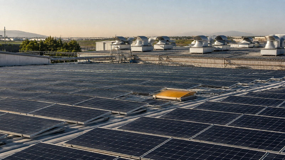 Solar photovoltaic panels mounted on the roof of an industrial building.