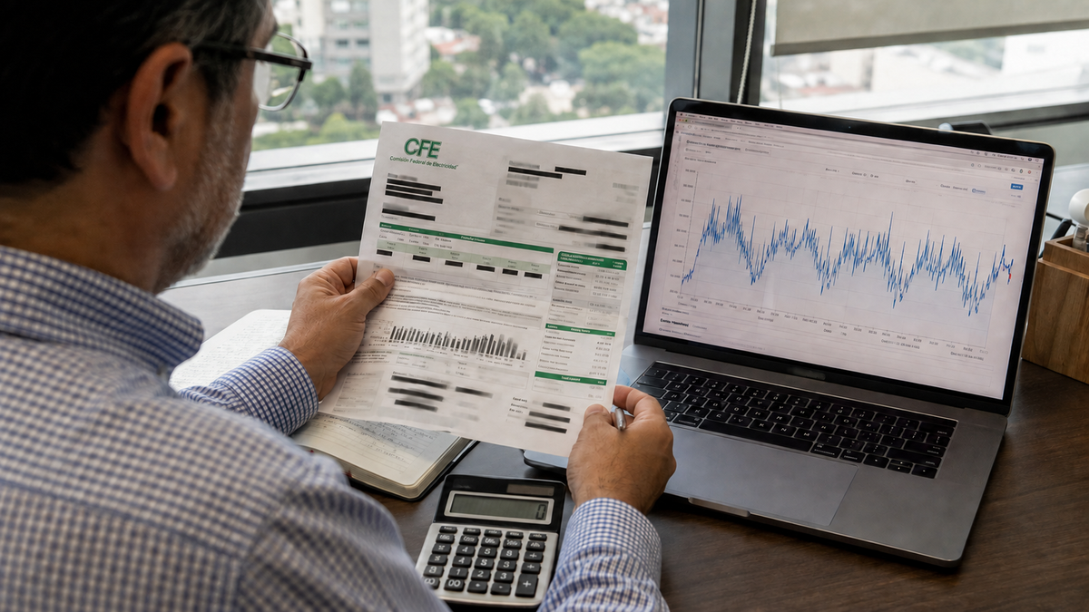Asesor comparando un recibo de electricidad de CFE con datos censurados y datos de carga de intervalo industrial