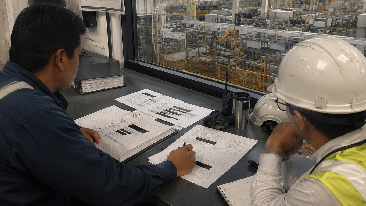 Technician using an ultrasonic detector to identify compressed-air leaks in a manufacturing plant
