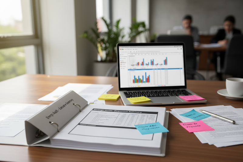 Documentary / candid / iPhone 15 Pro realism photo, premium consulting desk scene in Mexico office, printed audit report binder titled ‘Energy Audit – Executive Summary’ with a visible table of contents page and a ‘Resumen de ahorros’ style savings summary table, all numbers and client identifiers blurred, laptop open to a generic savings model spreadsheet (no logos), Spanish sticky notes, calm professional aesthetic, no logos, no brand names, not staged