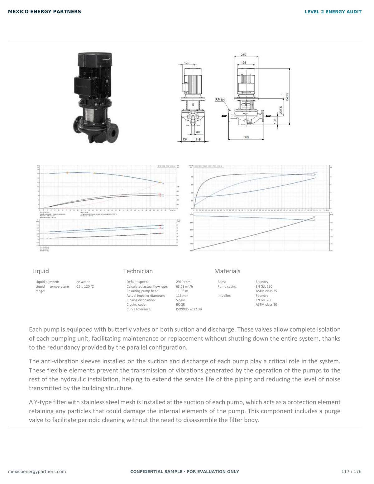 Pump selection for the chilled-water system, including equipment dimensions, hydraulic performance curves, operating point, and materials specifications. Page from a Mexico Energy Partners Level 2 industrial energy audit