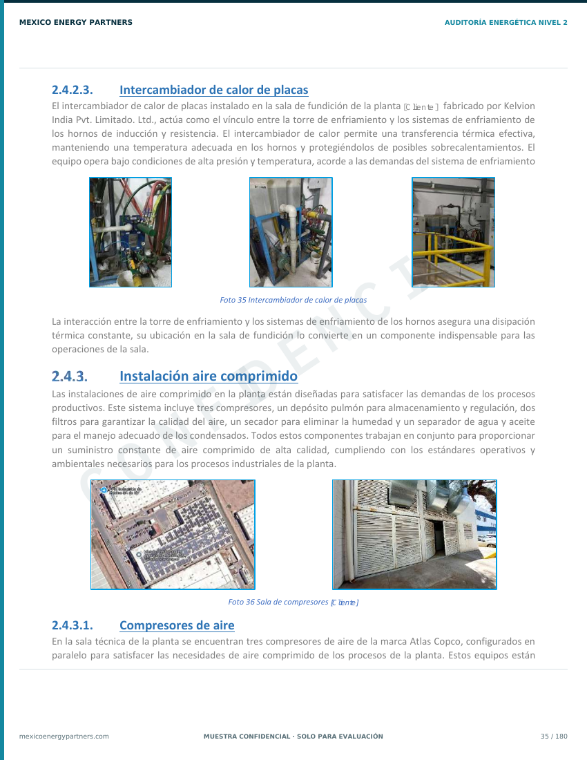 Dentro de la planta: equipos de proceso documentados en campo y vinculados con el contexto operativo antes de desarrollar las recomendaciones. Página de una auditoría energética industrial Nivel 2 de Mexico Energy Partners