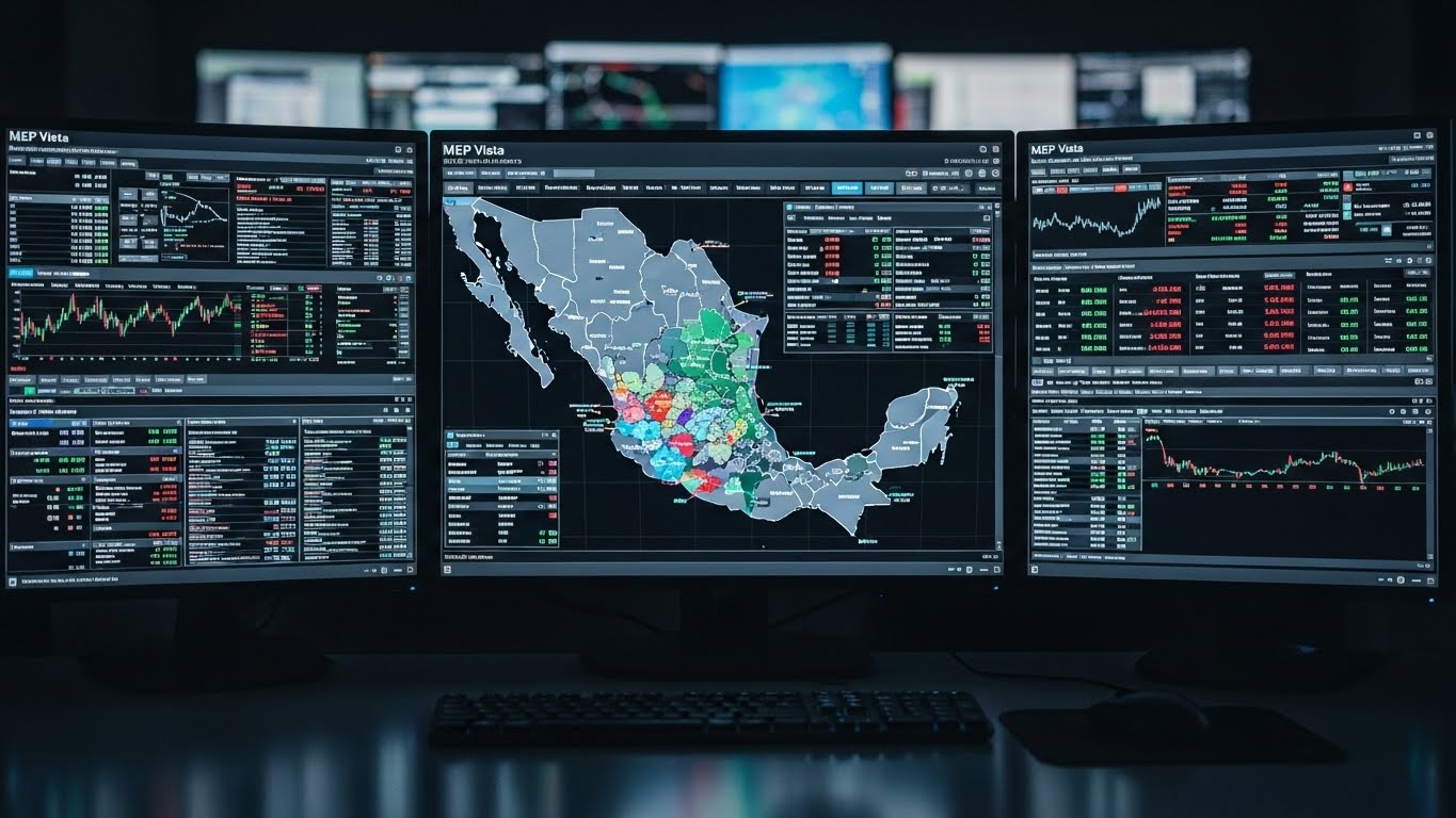 Multiple computer monitors displaying financial data and a map of Mexico.